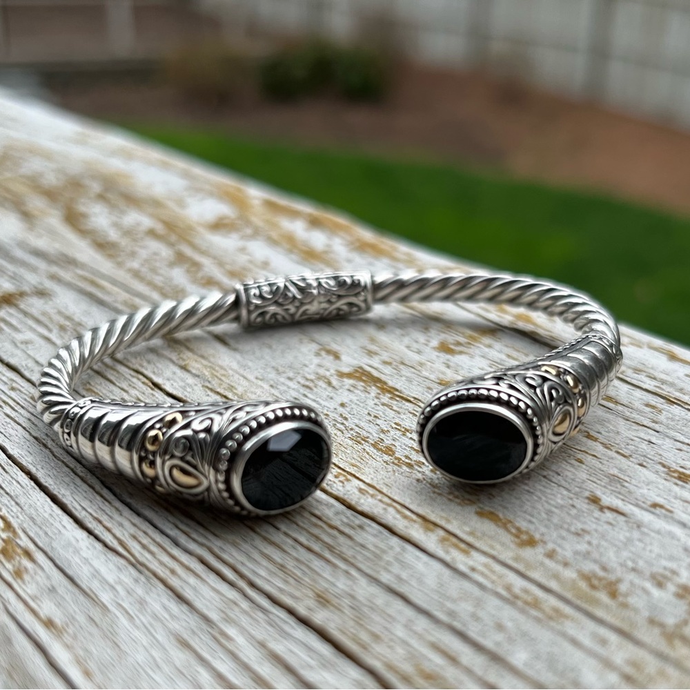 Sterling Silver and Black Spinel Women's Bangle Bracelet with 18kt gold accents.
